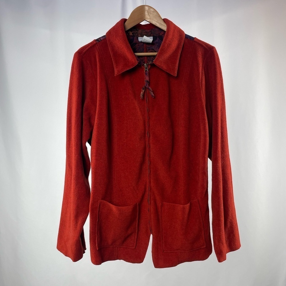 Soft Surroundings Inset Floral Fleece Full Zip Jacket in Red Size 2X‎